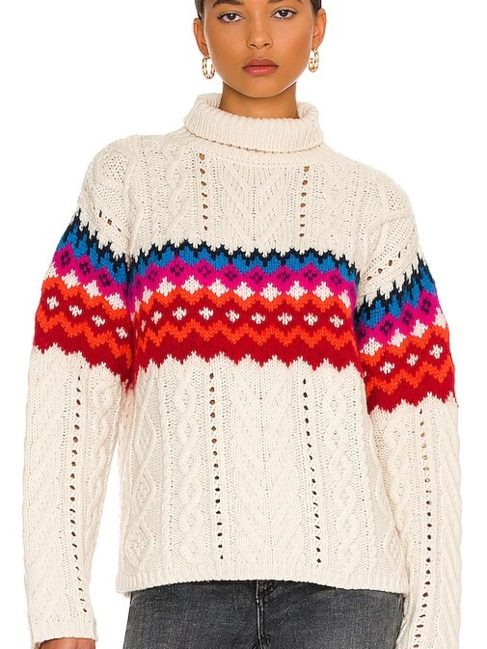 rag & bone Cream Cable Turtleneck Sweater with Multicolor Fair Isle Yoke